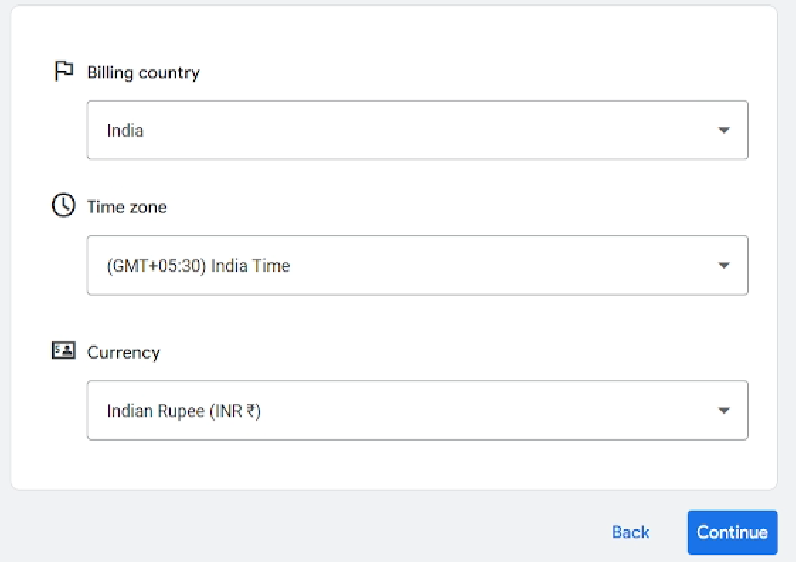 Add Billing Country, Time Zone, Currency details in Google Ads during account setup