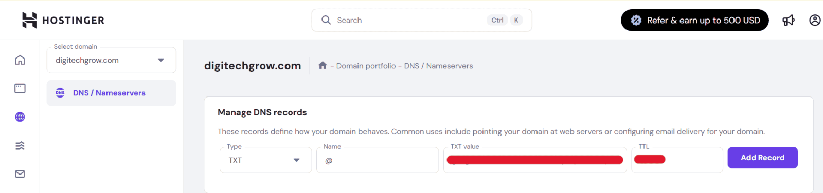 Add Google search console TXT record in Hostinger
