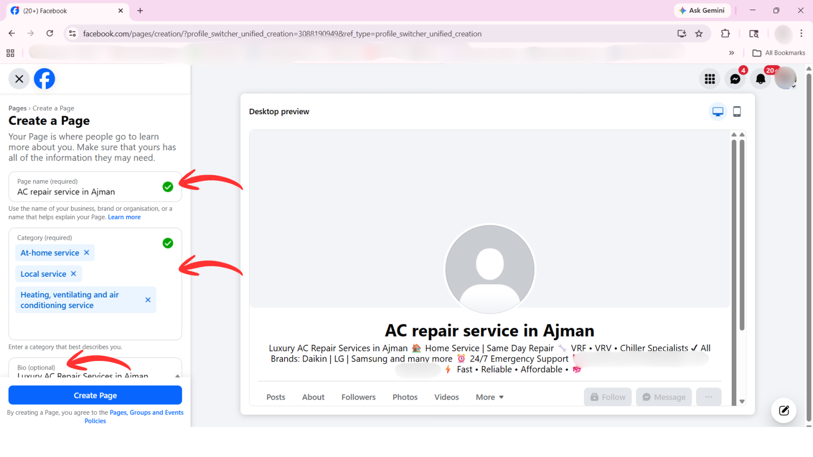 Facebook page details like page name, category, Bio