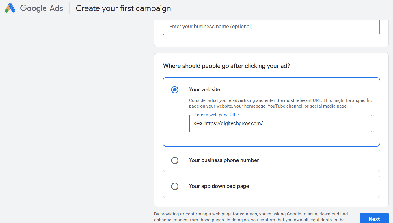 Create first campaign in Google Ads During Account setup