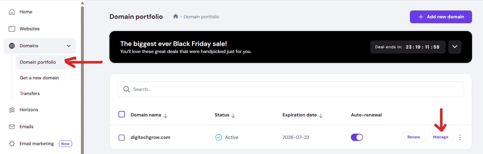 Domain portfolio in Hostinger