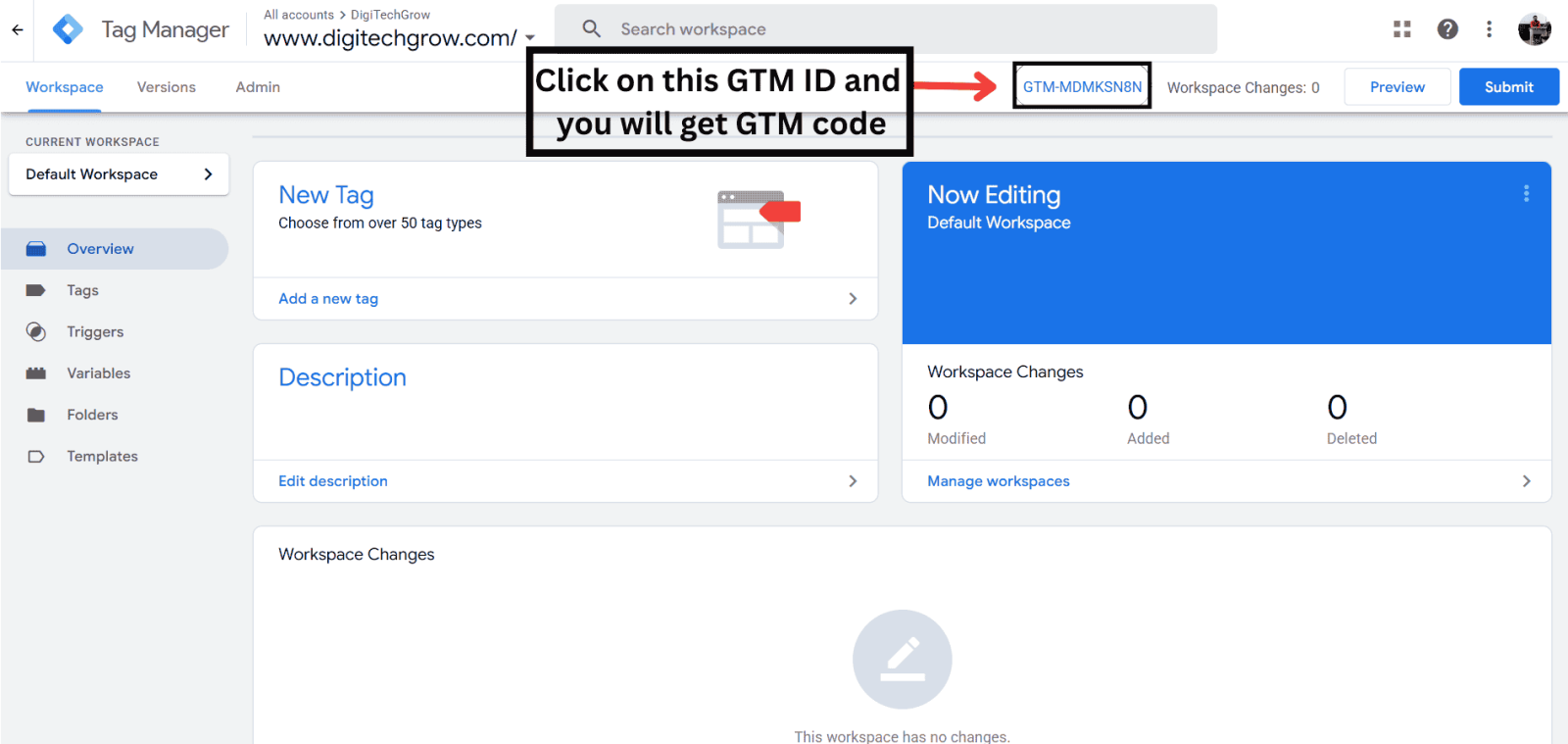 Click on GTM ID to get code snippet