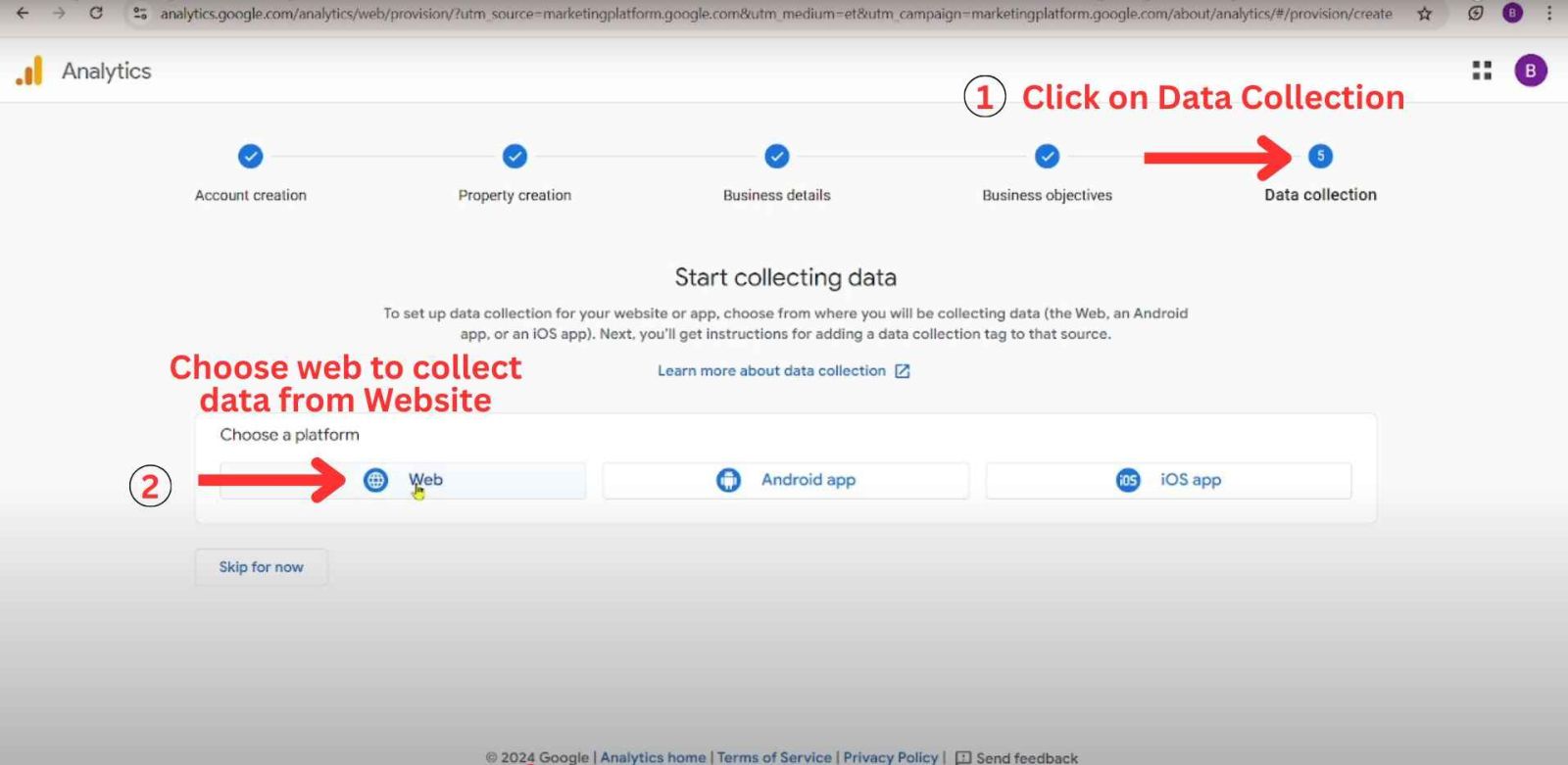 Google Analytics GA4 account creation Data Collection step where users choose Web to start collecting website data.