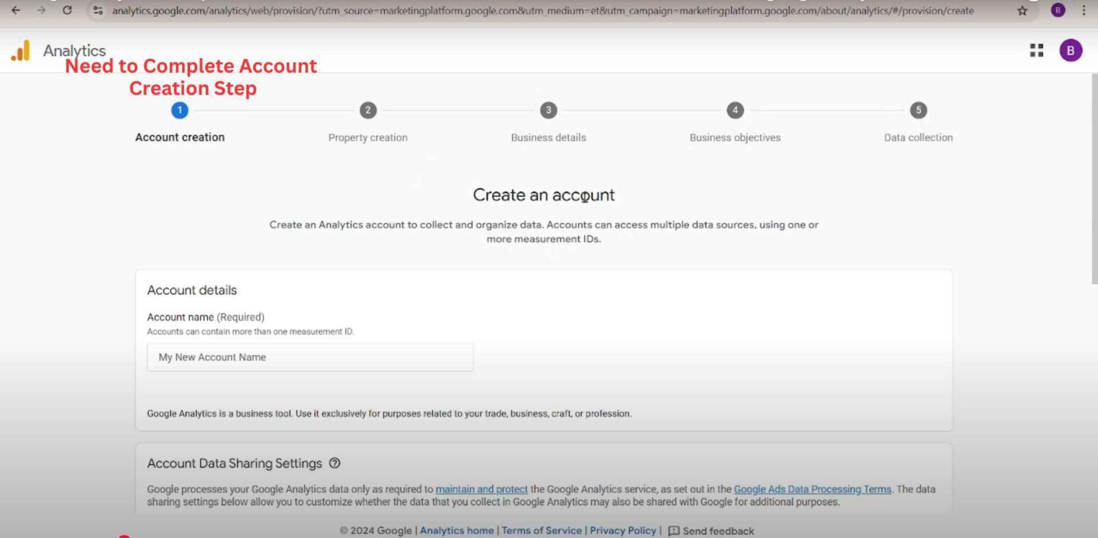 Google Analytics account creation steps where users enter account name & configure data sharing.