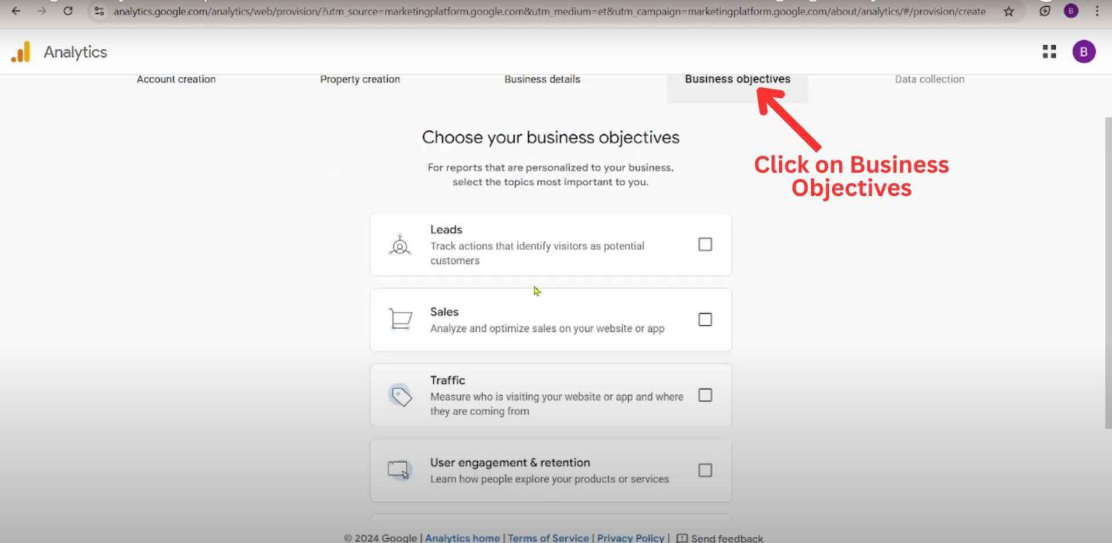 Google Analytics GA4 setup Business Objectives step where users select goals.