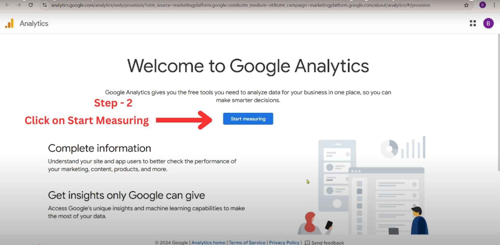 Google Analytics setup page, click on 'Start Measuring' button to begin creating a GA4 Account