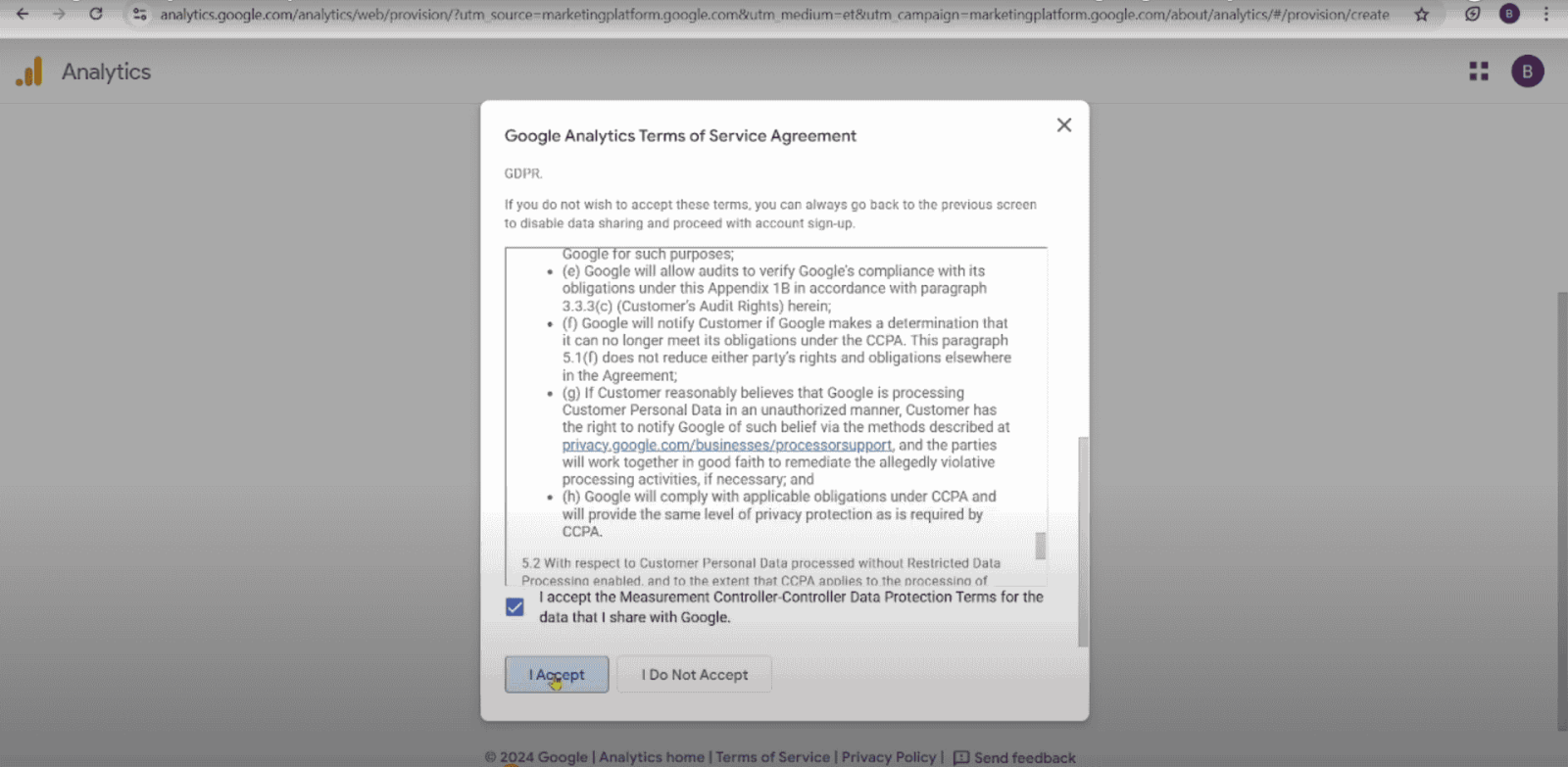 Google Analytics GA4 terms of Services 