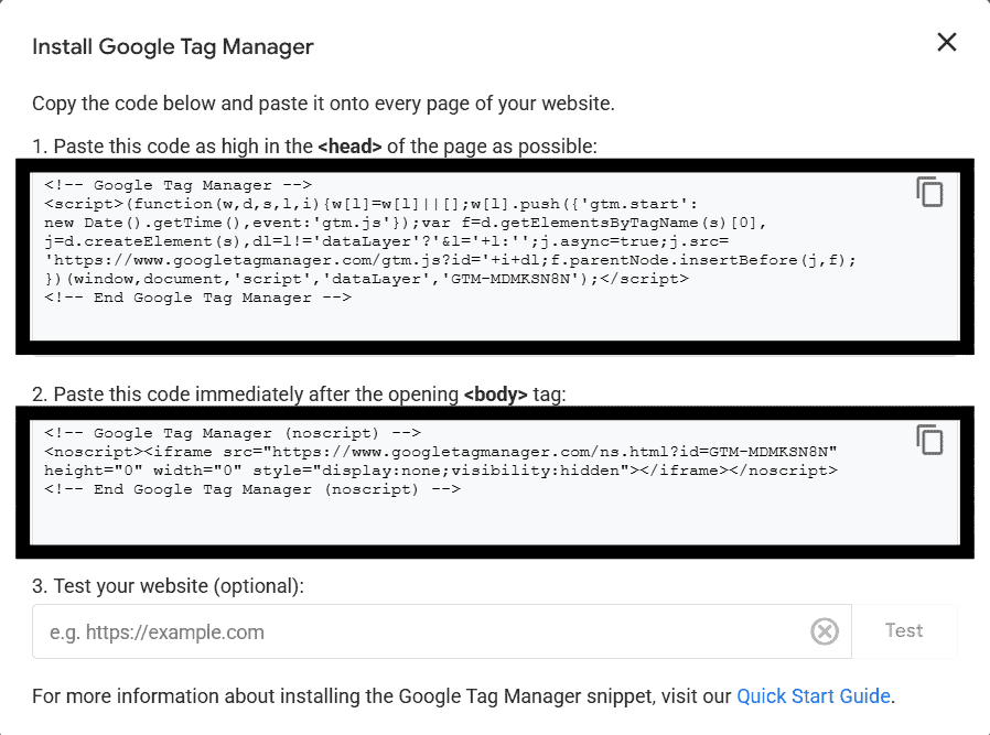 Google tag manager head and body code snippet