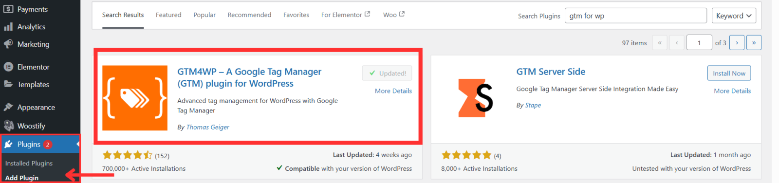 Install GTM for WP Plugin in WordPress to connect GTM