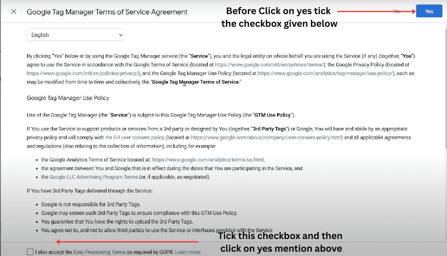 Google tag manager terms of service