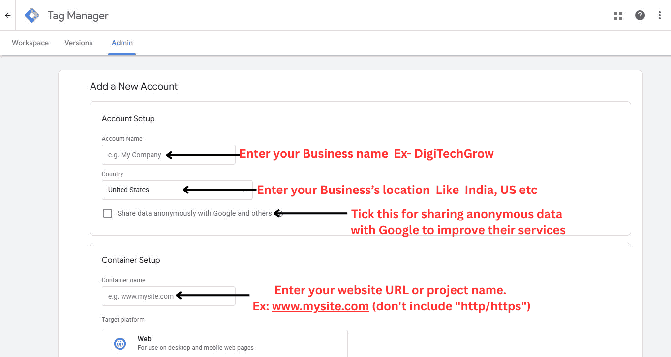 Setup account details in Google Tag Manager Account