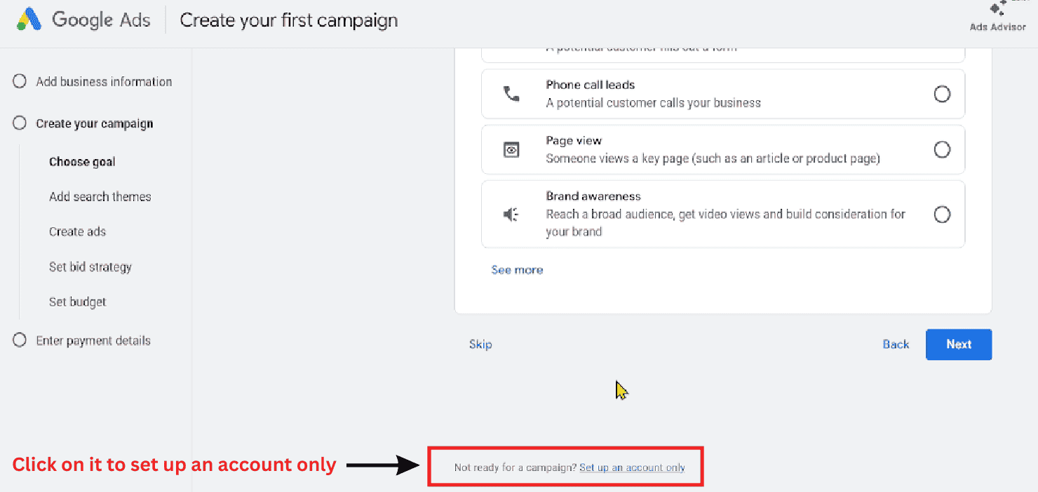 Click on set up account only in google ads during account setup