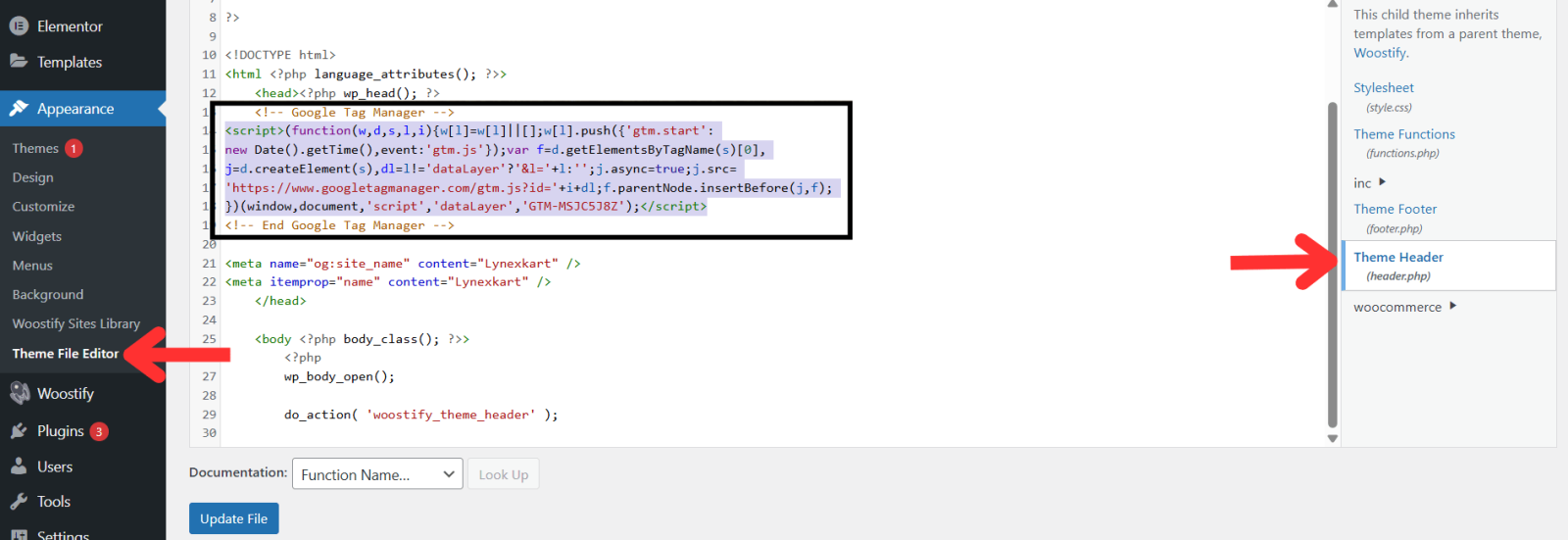 In WordPress paste GTM head code in header file