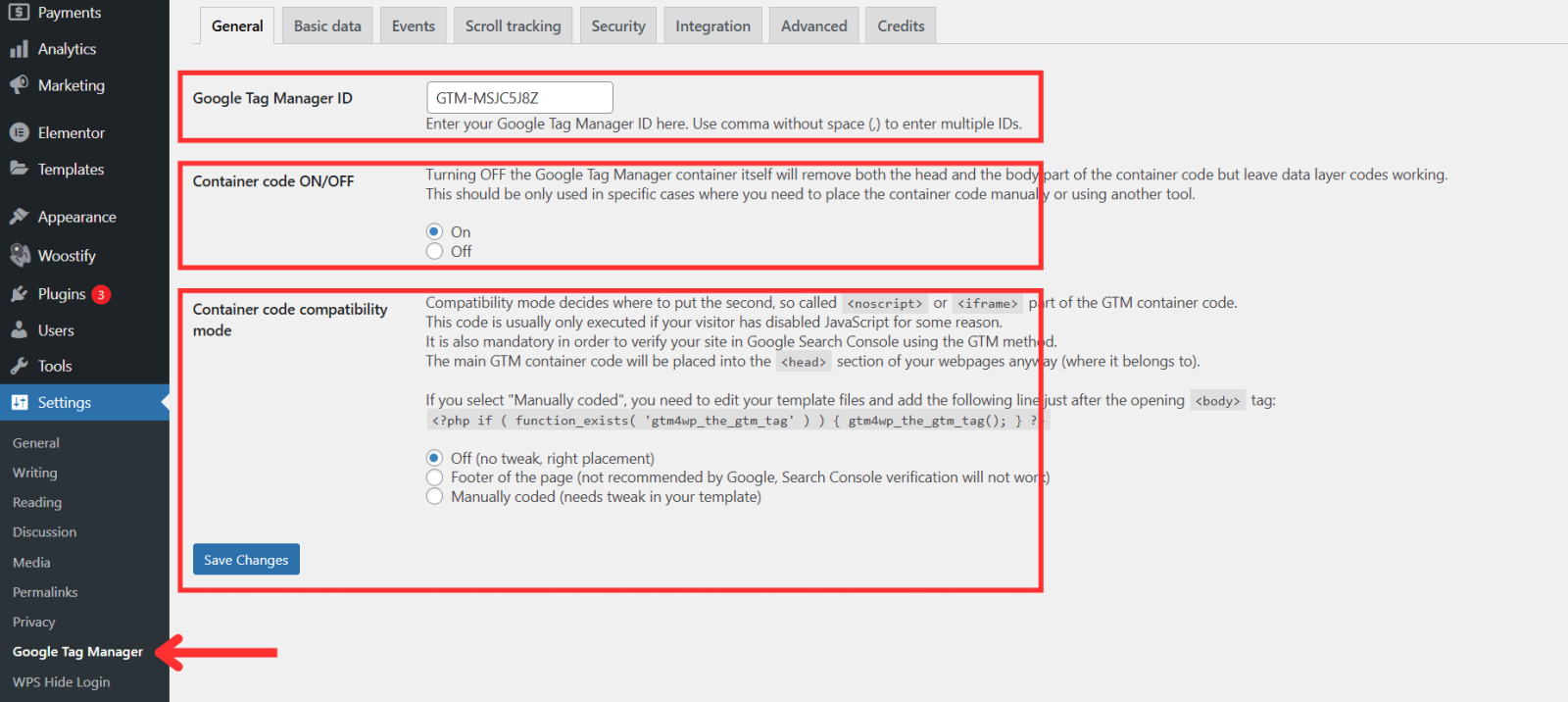 Setup Google Tag Manger using GTM for WP plugin's setting