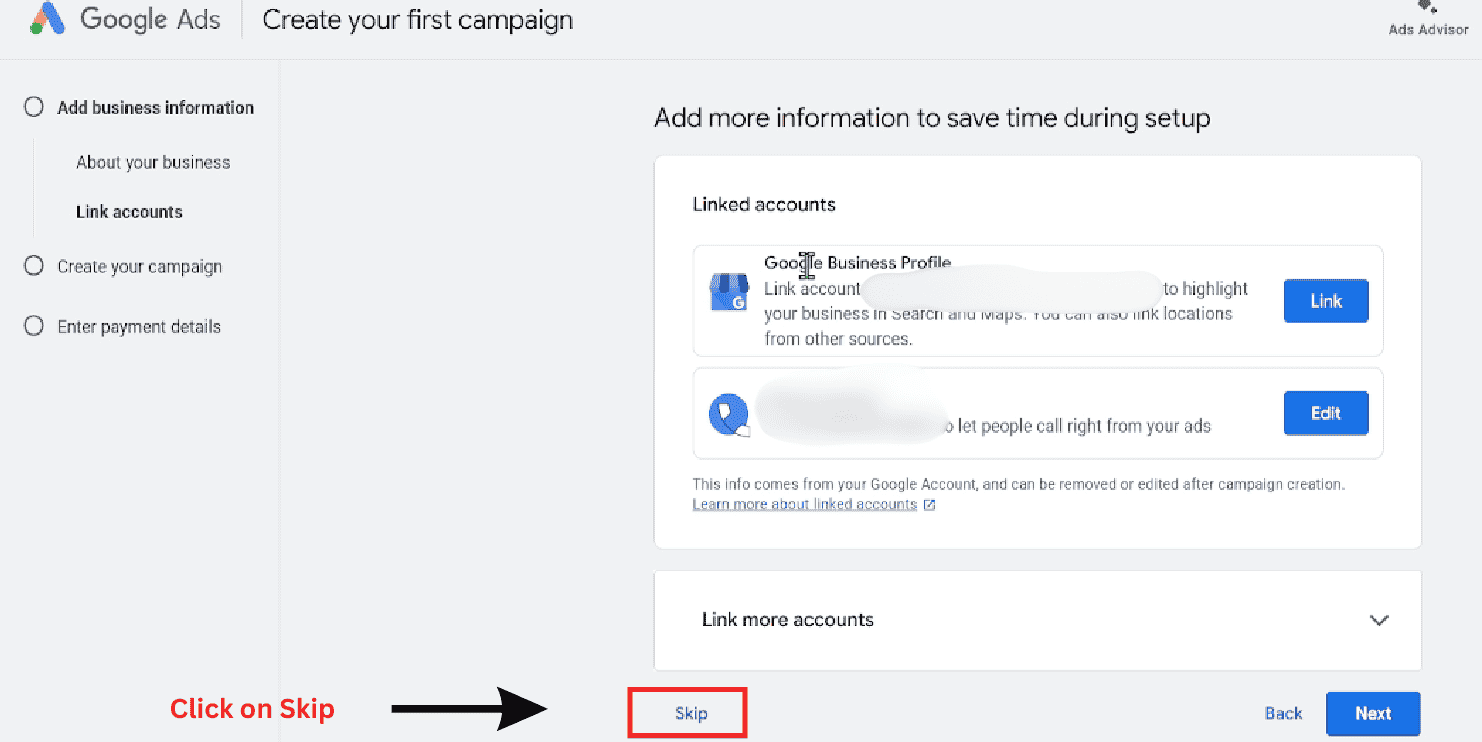 Click on skip button instead of link accounts in google ads during account setup